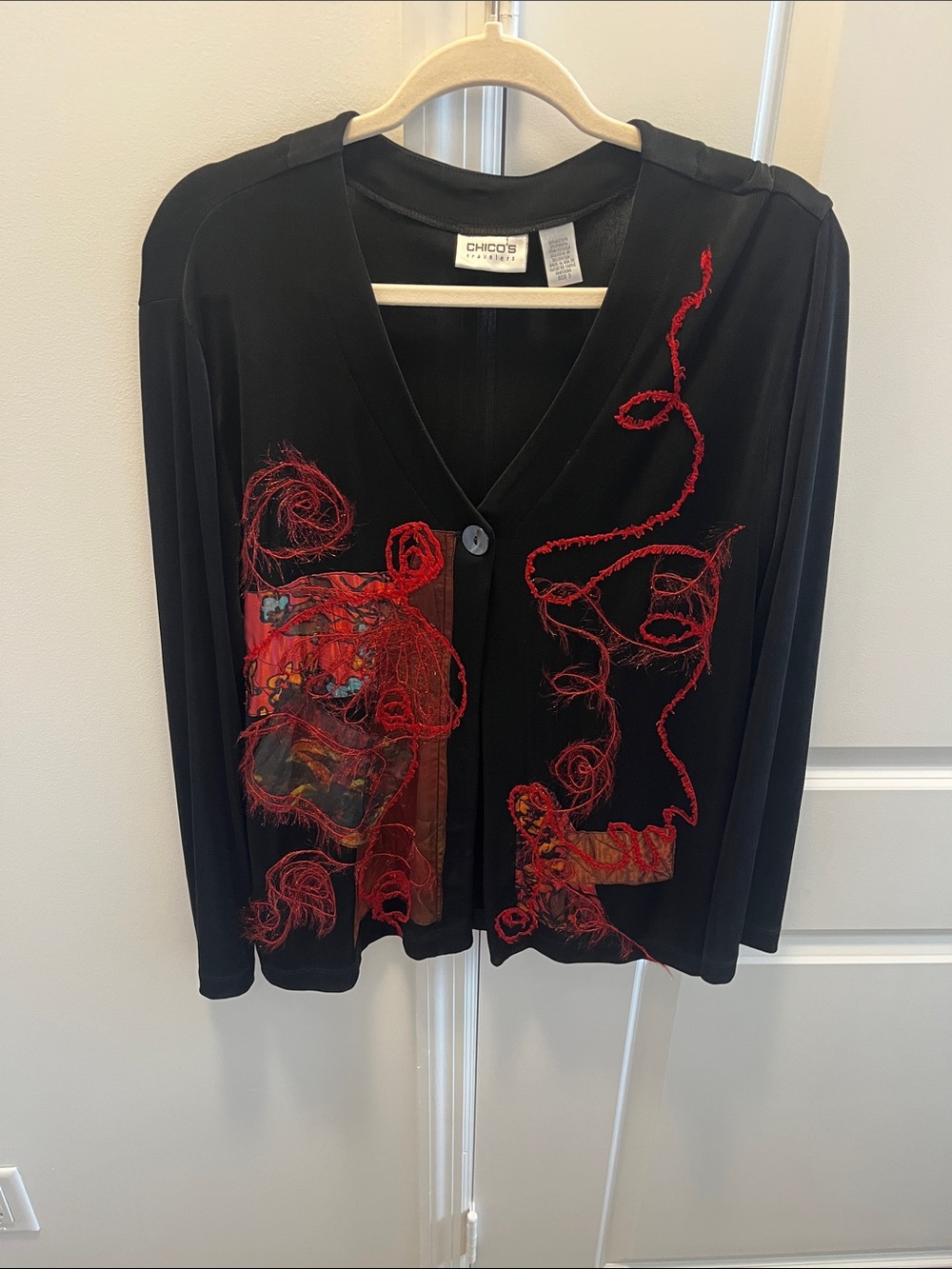 Chico's Black Cardigan with Red Abstract Embroidery